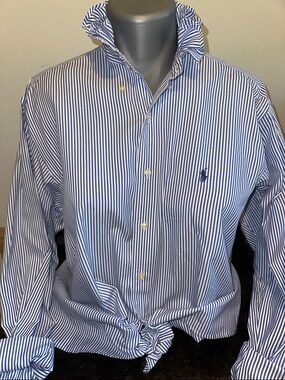 Ralph Lauren Navy and White Striped Ruffle collar Shirt